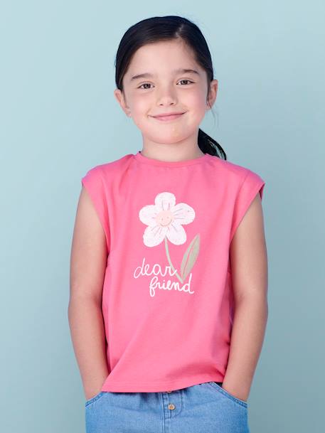 Meisjesshirt met paradijsvogel en schoudermouwen ecru+snoepjesroze - vertbaudet enfant 