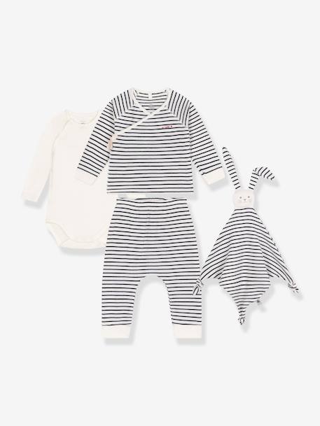 PETIT BATEAU 3-delige geboorte-cadeauset met gestreept truitje en knuffelkonijn marineblauw - vertbaudet enfant 