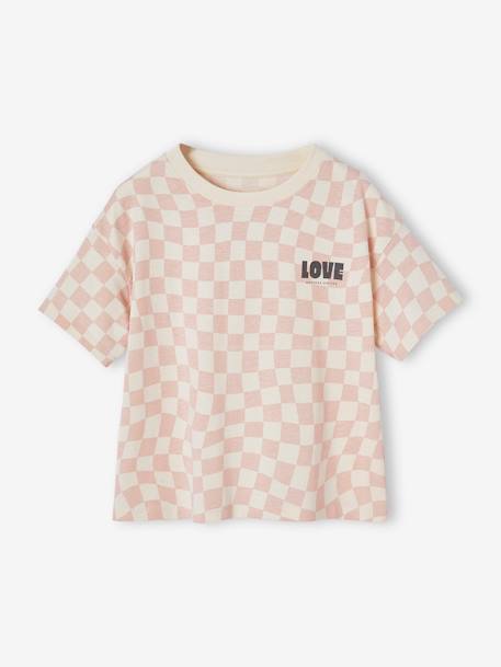 T-shirt met dambordmotief en korte mouwen, meisjes roze, bedrukt - vertbaudet enfant 