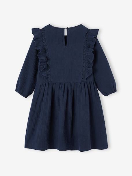 Meisjesjurk met ruches van katoengaas marineblauw+oudroze - vertbaudet enfant 