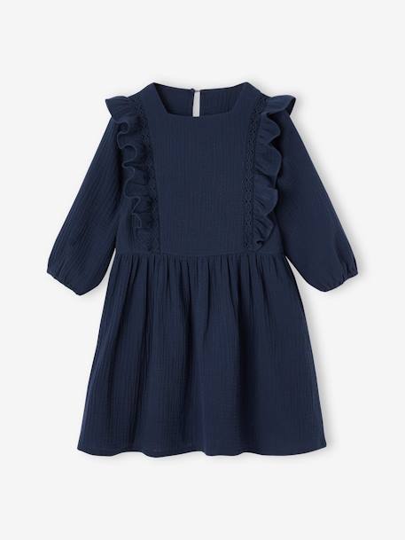 Meisjesjurk met ruches van katoengaas marineblauw+oudroze - vertbaudet enfant 