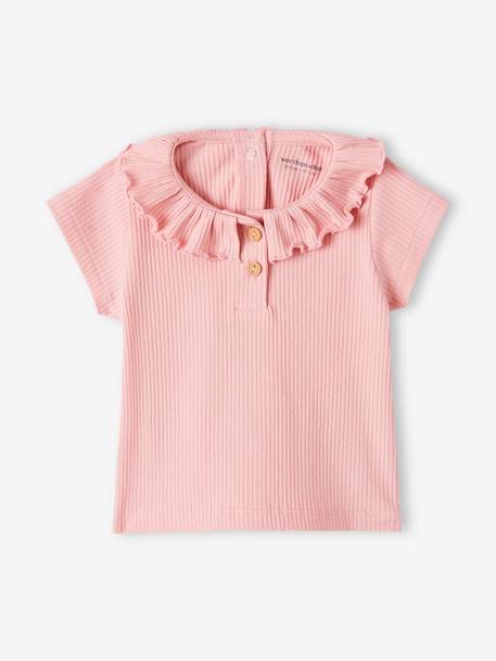 Babyshirt van ribstof met kraagje ecru+rozen - vertbaudet enfant 