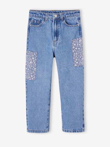 Wijde jeans met bloemenpatches meisjes middenblauw - vertbaudet enfant 