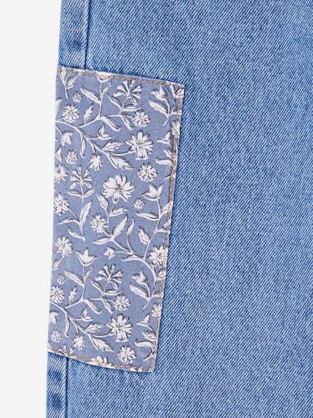 Wijde jeans met bloemenpatches meisjes middenblauw - vertbaudet enfant 