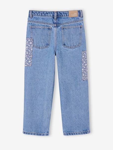 Wijde jeans met bloemenpatches meisjes middenblauw - vertbaudet enfant 