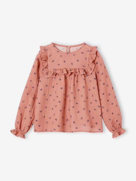 Meisjesblouse met ruches van katoengaas ecru+groengrijs+rouge - vertbaudet enfant 