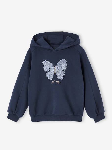 Sweatshirt met capuchon fantasiemotief meisjes marineblauw+roze (poederkleur) - vertbaudet enfant 