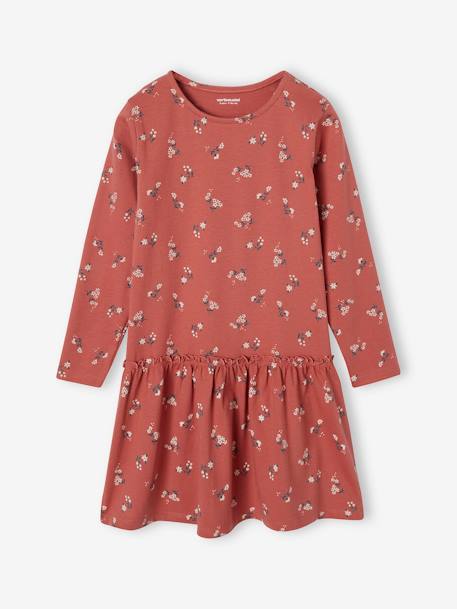 Meisjesjurk met print bruin, bedrukt+ecru+groengrijs+oudroze+roze (poederkleur)+roze met print - vertbaudet enfant 