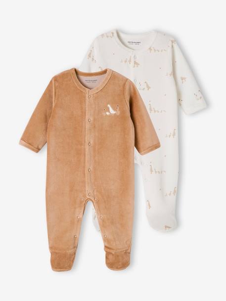 Set van 2 fluwelen babyslaappakjes met opening voor cappuccino+lichtblauw+rozen - vertbaudet enfant 