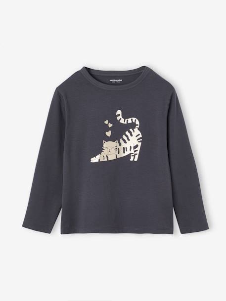 Meisjes-T-shirt met lange mouwen en metallic animatie antraciet+ecru+snoepjesroze - vertbaudet enfant 