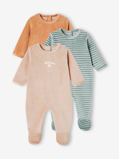 Set van 3 fluwelen babyslaappakjes BASICS cappuccino+kameel+roze (poederkleur) - vertbaudet enfant 