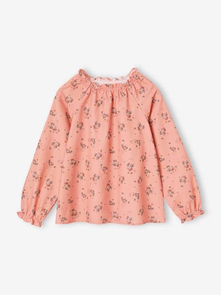 Gebloemde meisjesblouse in milleraies fluweel antraciet+blauwgroen+roze (poederkleur) - vertbaudet enfant 