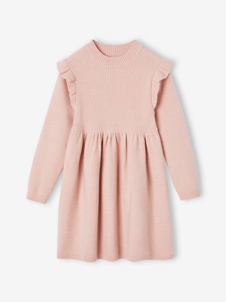 Jurk met ruches van tricot roze (poederkleur)+rozenhout - vertbaudet enfant 