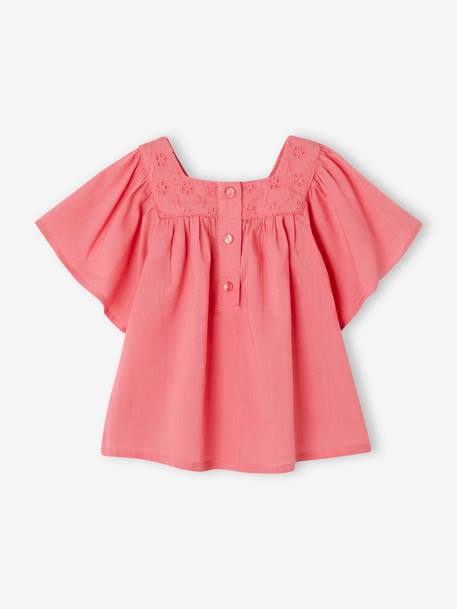 Blouse met vierkante halslijn en Engels borduursel baby's ecru+framboos+saliegroen - vertbaudet enfant 