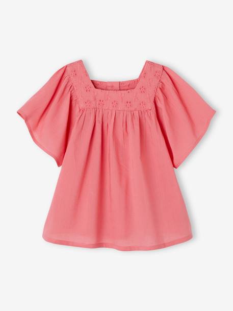 Blouse met vierkante halslijn en Engels borduursel baby's ecru+framboos+saliegroen - vertbaudet enfant 