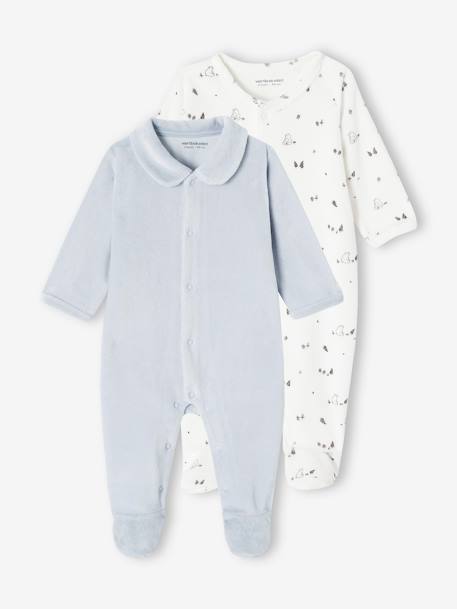 Set van 2 fluwelen babyslaappakjes met opening voor cappuccino+lichtblauw+rozen - vertbaudet enfant 