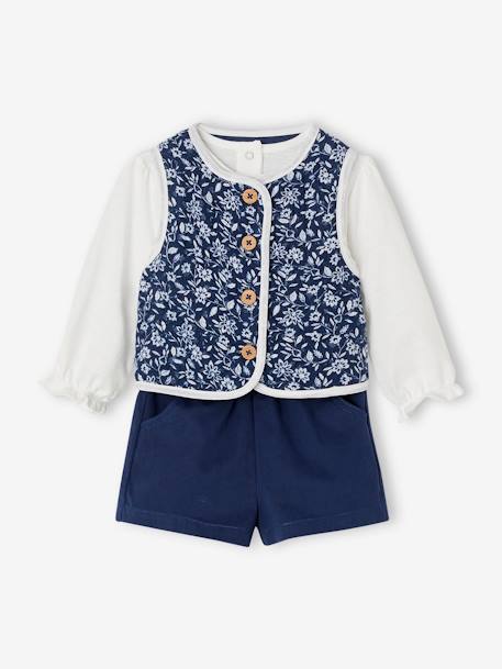 Set T-shirt + gilet met bloemen + short babymeisje jeansblauw - vertbaudet enfant 