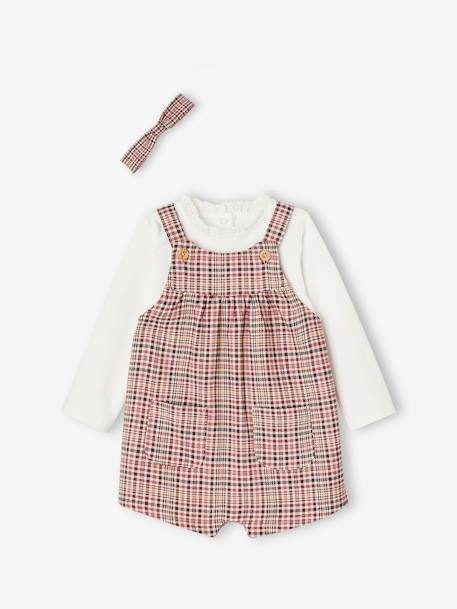 Set korte tuinbroek met ruitmotief + T-shirt en haarband meisjesbaby rozenhout - vertbaudet enfant 