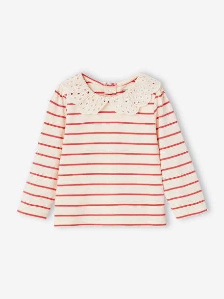 Baby T-shirt met geborduurde kraag en lange mouwen lichtbeige+marineblauw, gestreept+rood, gestreept - vertbaudet enfant 