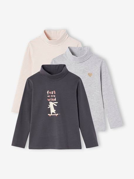 Set van 3  t-shirts met rolkraag voor meisjes antraciet+beige (poederkleur)+groengrijs+poederroze set+set antracietgrijs - vertbaudet enfant 