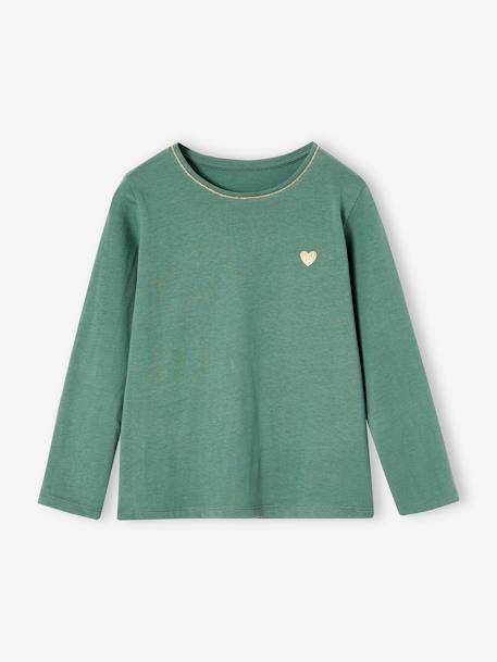 T-shirt Basics met hartjes en pailletten en lange mouwen ecru+smaragdgroen - vertbaudet enfant 