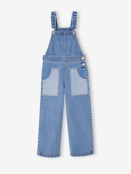 Denim tuinbroek voor meisjes met grote contrasterende zakken middenblauw - vertbaudet enfant 