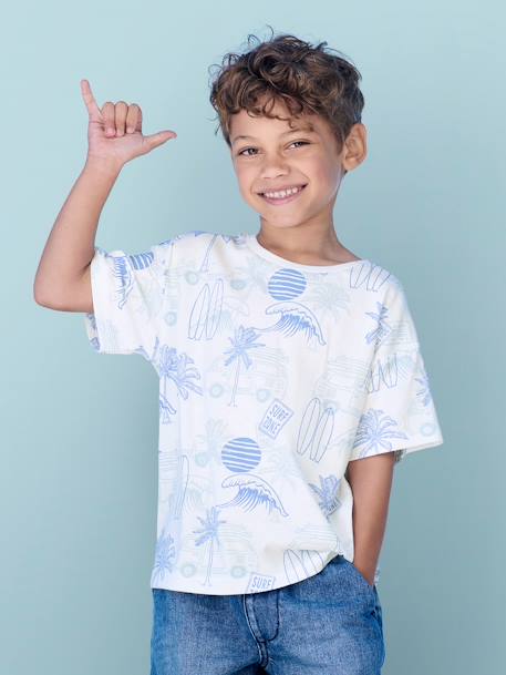 Jongensshirt met grafisch vakantiemotief groen, bedrukt+leiblauw+wit, bedrukt - vertbaudet enfant 