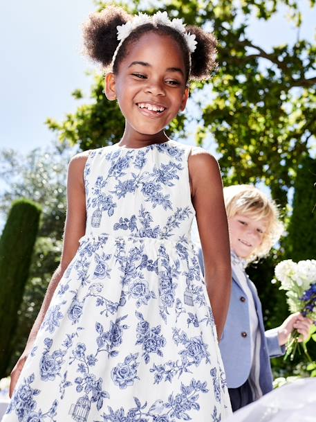 Feestelijke meisjesjurk met bloemen en strik op de rug ecru - vertbaudet enfant 