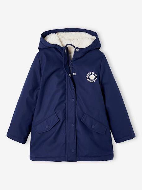 Regenjas voor meisjes met capuchon en sherpa voering korstmos+lichtroze+marineblauw - vertbaudet enfant 