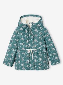 Meisje-Mantel, jas-Mantel, parka, jasje-Meisjesparka met bloemenprint, capuchon en sherpa