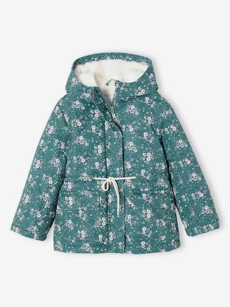 Meisjesparka met bloemenprint, capuchon en sherpa smaragdgroen - vertbaudet enfant 