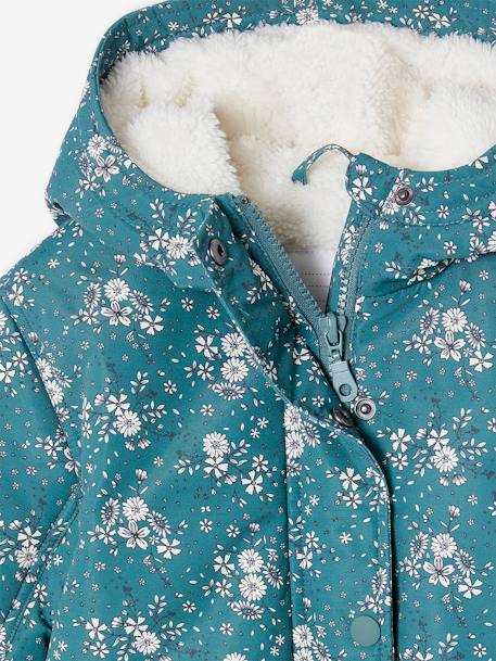 Meisjesparka met bloemenprint, capuchon en sherpa smaragdgroen - vertbaudet enfant 