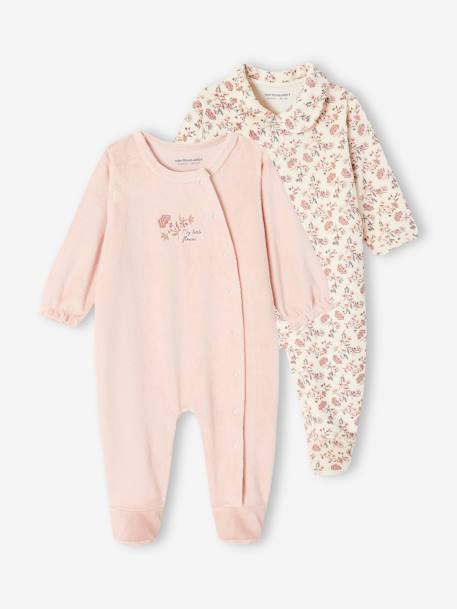 Set met fluwelen slaappakjes 'petite fleur' meisjesbaby roze (poederkleur) - vertbaudet enfant 