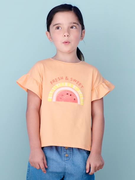 Meisjesshirt met motief met lovertjes aardbei+ecru+mandarijn - vertbaudet enfant 