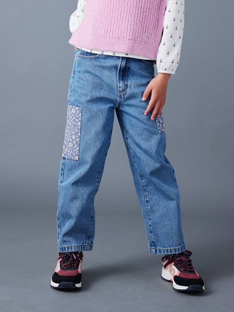 Wijde jeans met bloemenpatches meisjes middenblauw - vertbaudet enfant 