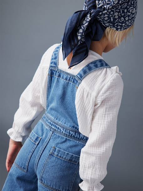 Denim tuinbroek voor meisjes met grote contrasterende zakken middenblauw - vertbaudet enfant 