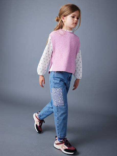 Wijde jeans met bloemenpatches meisjes middenblauw - vertbaudet enfant 