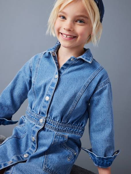 Denim jurk met knoopsluiting middenblauw - vertbaudet enfant 