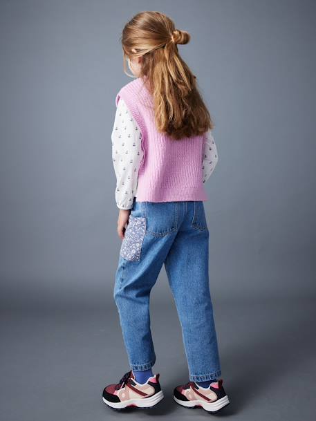 Wijde jeans met bloemenpatches meisjes middenblauw - vertbaudet enfant 