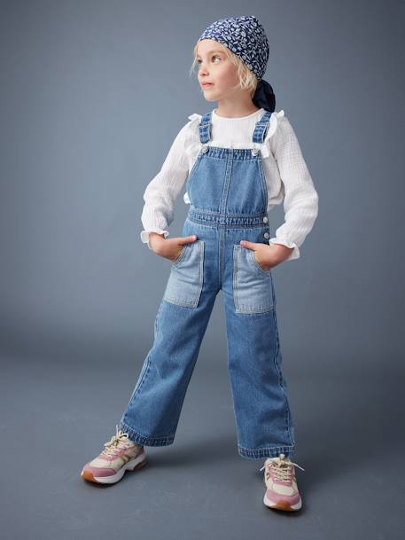 Denim tuinbroek voor meisjes met grote contrasterende zakken middenblauw - vertbaudet enfant 