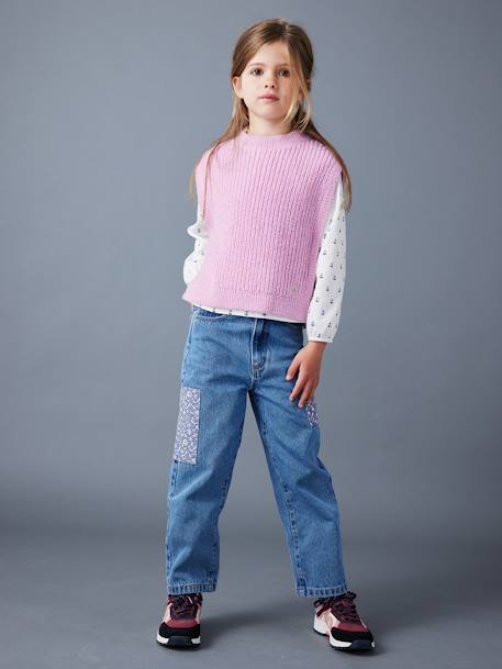 Wijde jeans met bloemenpatches meisjes middenblauw - vertbaudet enfant 