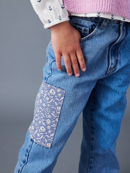 Wijde jeans met bloemenpatches meisjes middenblauw - vertbaudet enfant 