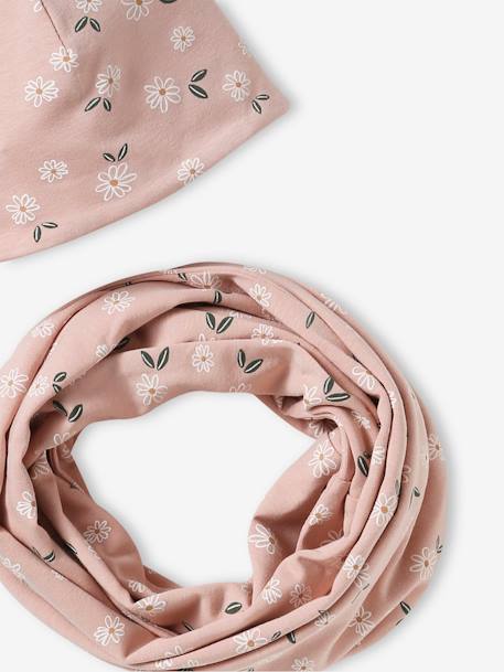 Gebloemde meisjesset muts + snood groengrijs+roze (poederkleur) - vertbaudet enfant 