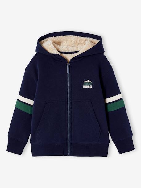 Jongenssweater met capuchon en rits en sherpavoering antraciet+groen+marineblauw - vertbaudet enfant 