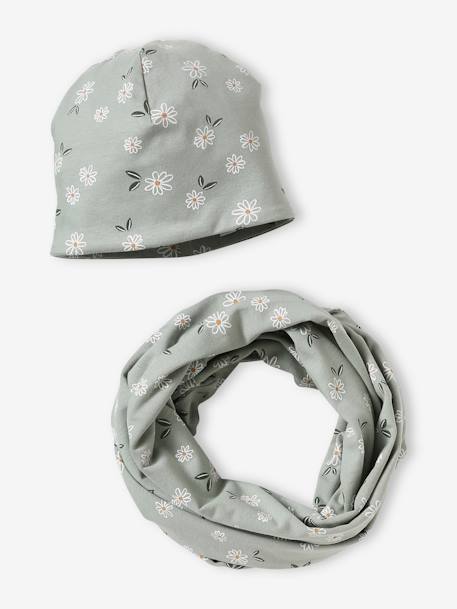 Gebloemde meisjesset muts + snood groengrijs+roze (poederkleur) - vertbaudet enfant 