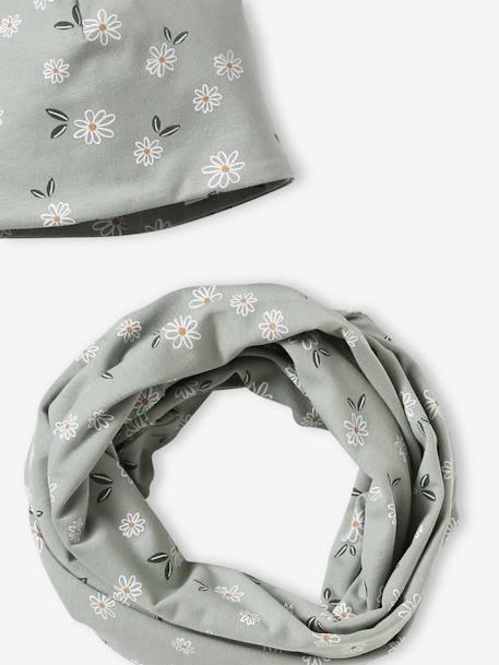 Gebloemde meisjesset muts + snood groengrijs+roze (poederkleur) - vertbaudet enfant 