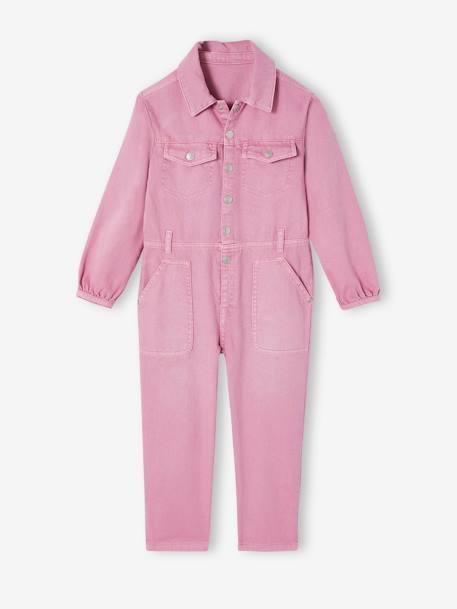 Lange meisjesjumpsuit in garment-dyed stof oudroze - vertbaudet enfant 