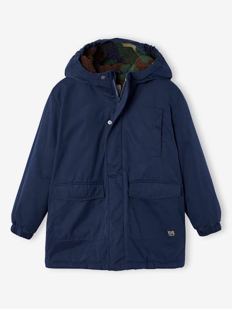 Parka met capuchon voor jongens met camouflage sherpavoering nachtblauw - vertbaudet enfant 