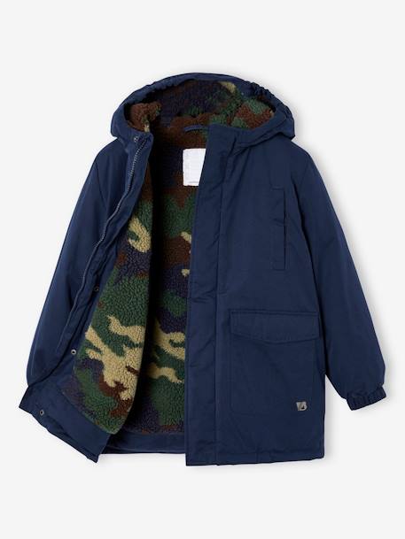 Parka met capuchon voor jongens met camouflage sherpavoering nachtblauw - vertbaudet enfant 