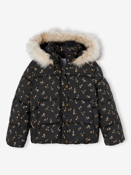 Donsjack met capuchon voor meisjes met fleece voering antraciet+goud - vertbaudet enfant 